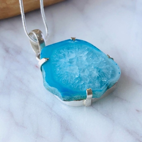 Silver Plated Blue Agate Slice Statement Boho Necklace - Picture 4 of 10